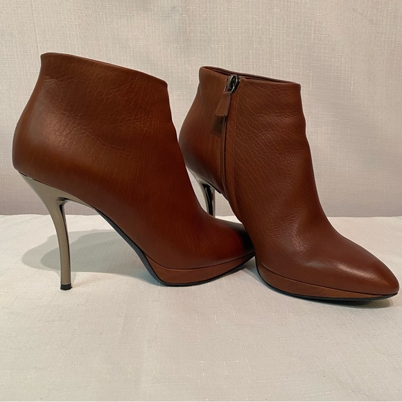 Lanvin Paris Ankle Calfskin Booties Sz US 8.5B Silver Stiletto Heel Brown - Picture 2 of 16